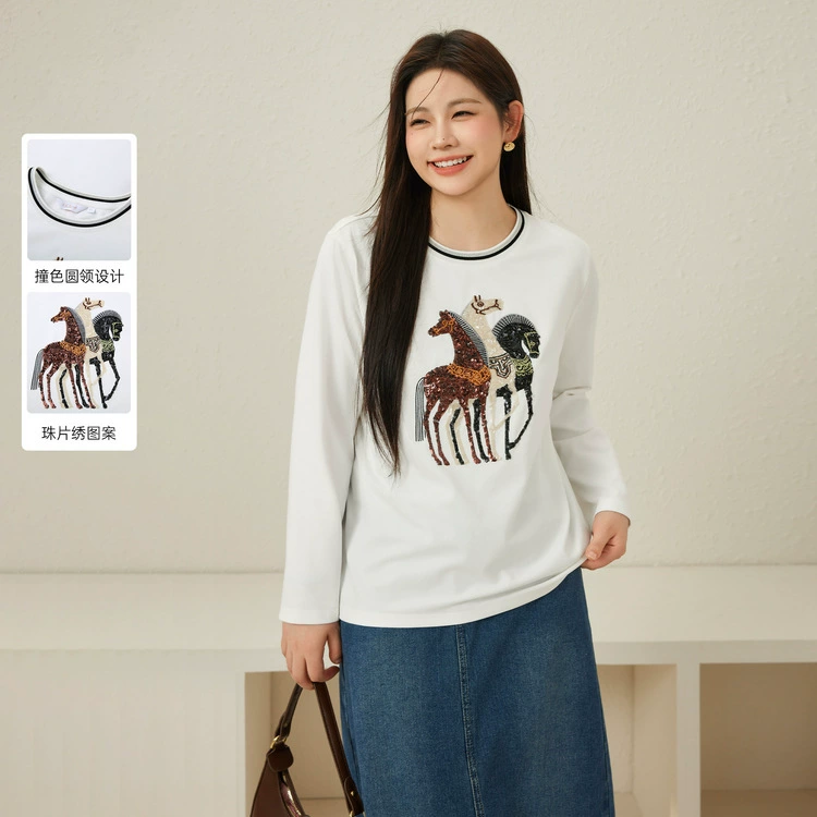 Блестящее шоу большого размера женская мода мода с круглым вырезом, вышивка из бисера уменьшила возраст, дикая тонкая футболка, толстая миллиметровая осенняя новая