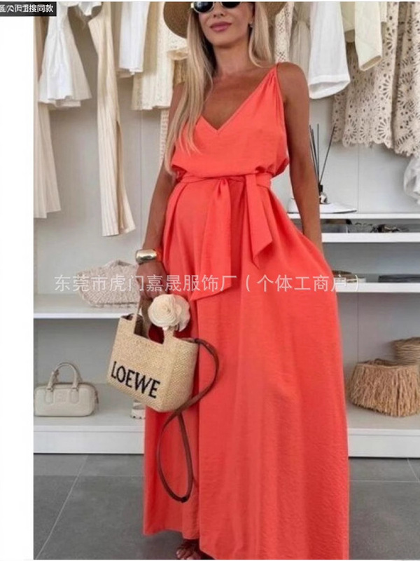 貿易婦人服 2025 越境卸売ヨーロッパとアメリカの婦人服無地蝶ネクタイドレスサスペンダーカジュアルロングスカート|undefined