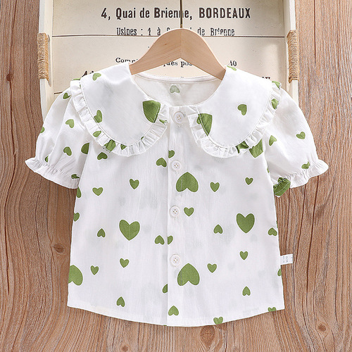 Girls short-sleeved shirts children's bottoming shirts children's shirts 2024 summer new style doll lapel tops for small and medium-sized children