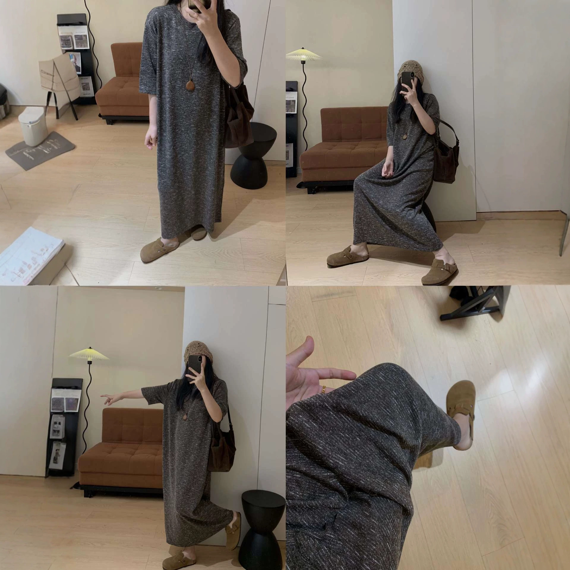 闭眼入 复古花纱短袖连衣裙T恤裙早秋新品女装打底裙中长款长裙