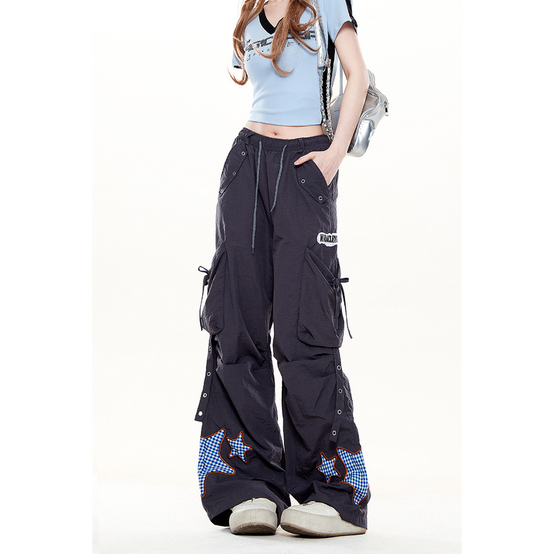 Natural American-Style Multi-Pocket Star-Pattern Quick-Dry Cargo Pants for Women, Thin and Stylish Summer Sports Pants