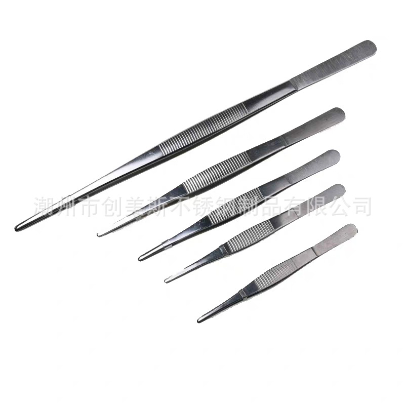 厂家直供加厚跨境304不锈钢圆头镊子 防碘伏敷料园艺造景便用夹子