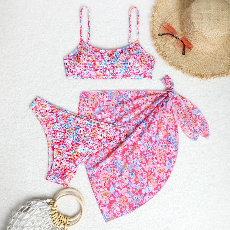 Women's Split Bikini Three-piece Swimsuit Floral Beach Wrap Set_voghion.com
