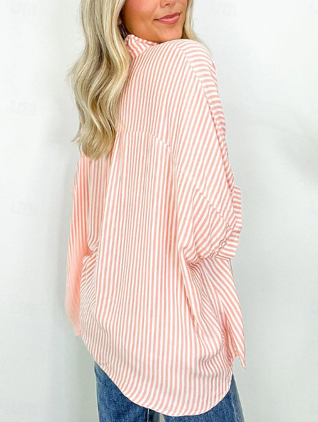 Women's Clothing Classic Stripe Button-Down Shirt For Women, Mid-Sleeve Casual Top For Spring And Summer_ecoleips.com
