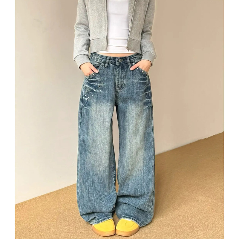 American Style High Street Vintage Y2K Low Waist Hot Girl Stud Wash Lightning Straight Leg Jeans Women's Loose Wide Leg Pants