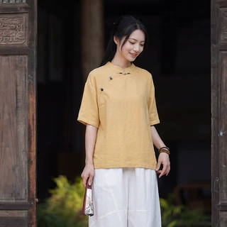 26夏季原创天丝麻薄款复古女装 立领偏襟短袖盘扣上衣T恤茶服衬衫