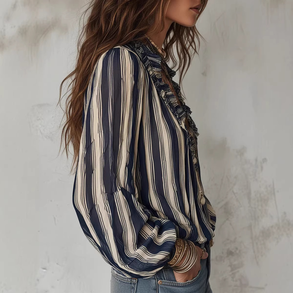 2026 Independent Station European And American Cross-Border Casual Western Style Striped V-Neck Women's Shirt_voghion.com