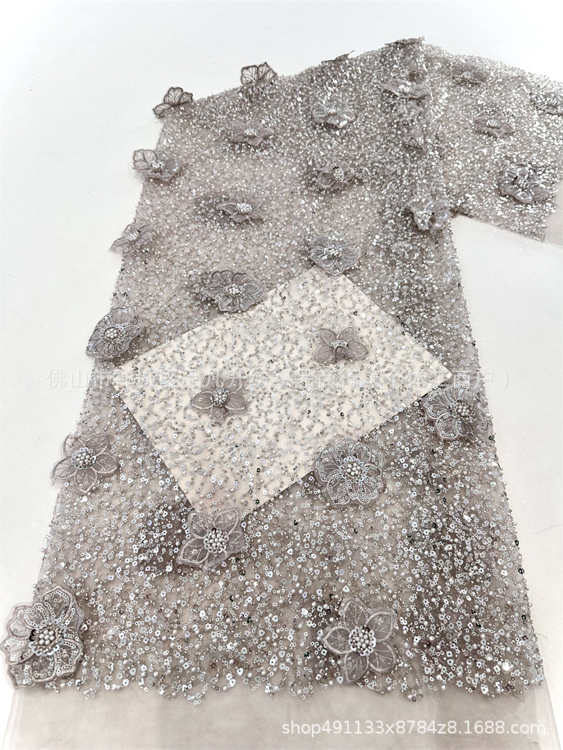 Moda full sequinilla tubo de perlas bordado tela de encaje estereoscópico mano calcomanías tela de vestido de boda alta fijación