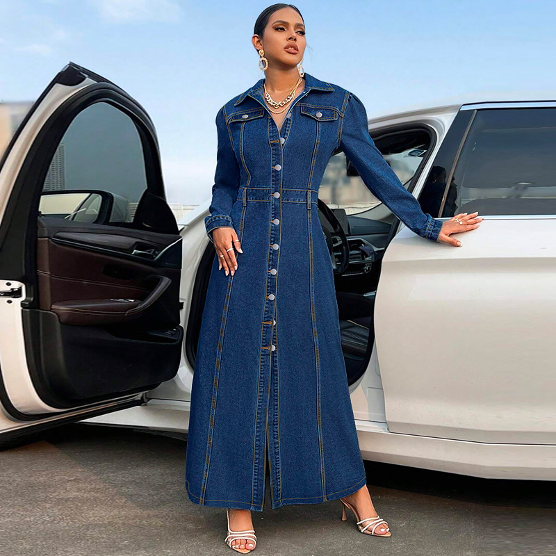 708g Weight Maxi Long Dress Dress Length Type Long Sleeve Sleeve Length Denim Dress Dresses Type Cotton (more than 30%), Denim Fabric Type High Waist Waist Line Holiday, Street Occasion Turndown Neckline Slim Fit Type Solid Color Pattern Spring, Autumn Season Women's Gender Streetwear Style Wholesale Women's Streetwear Solid Color Holiday Street Turndown Long Sleeve Denim Dress 5
