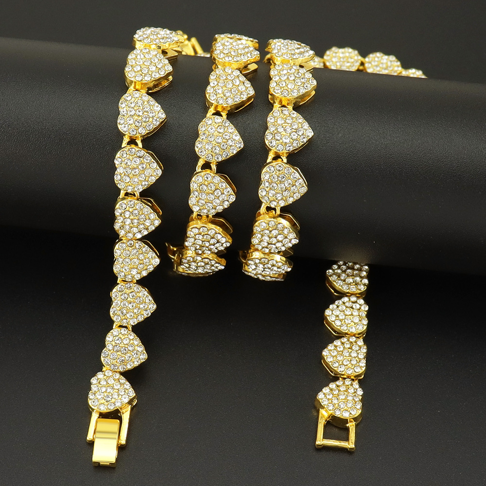 28g Weight Rhinestones Inlay Material Bracelets, Necklace Classification Party, Street Occasion Alloy Material Heart Shape Pattern Unisex Gender Hip-Hop Style Hip-Hop Heart Shape Alloy Rhinestones Unisex Bracelets Necklace 无