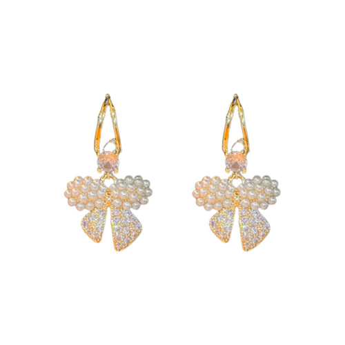 Silver needle real gold electroplated zircon pearl bow earrings light luxury luxury internet celebrity fashionable temperament earrings wholesale