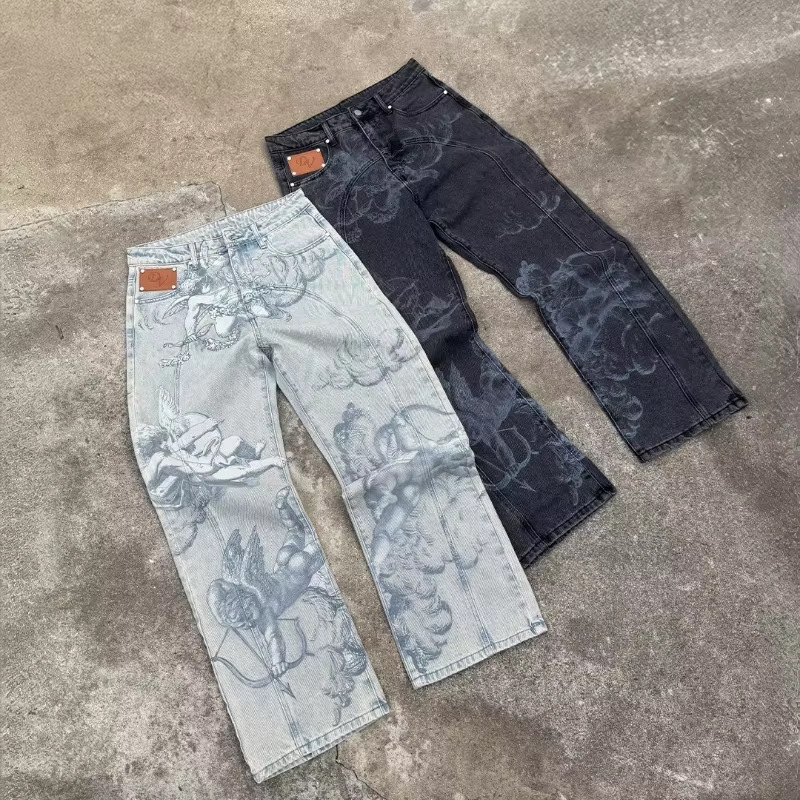 Cross-Border European and American Retro Angel Print Jeans Unisex Y2K High Street Design Straight-Leg Floor-Length Pants Ins Cross-Border European and American Retro Angel Print Jeans Unisex Y2K High Street Design Straight-Leg Floor-Length Pants Ins