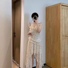 法式小飞袖白色绝美不规则荷叶边连衣裙夏季新款收腰公主超仙长裙