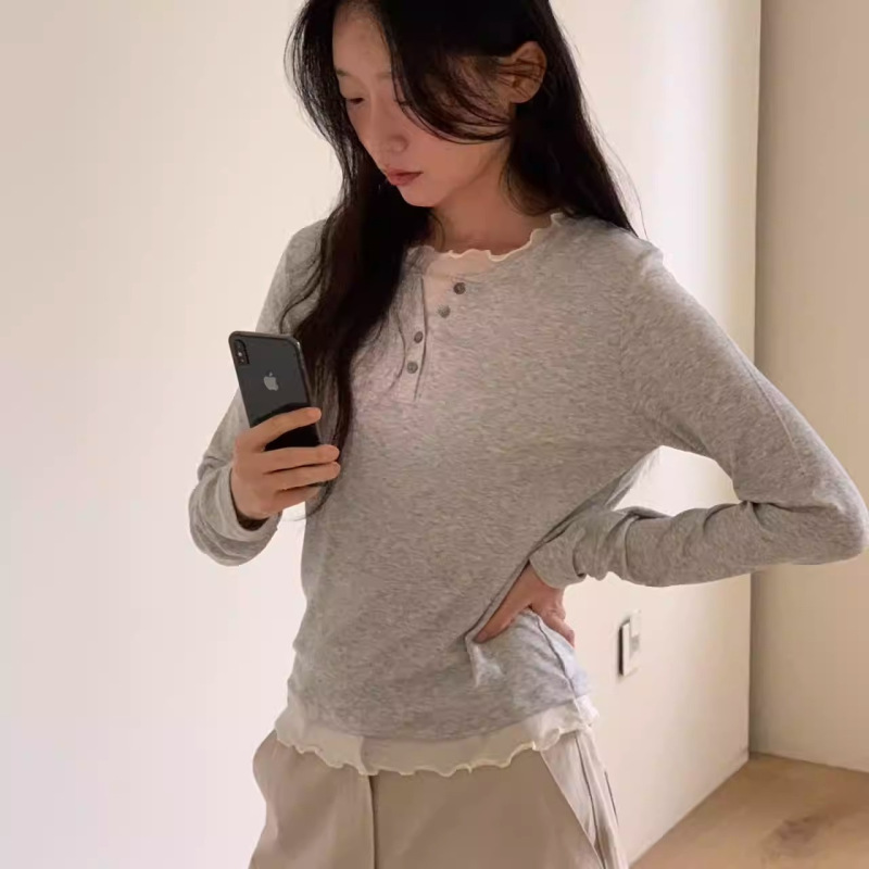 The Same Style as the Korean Dongdaemun 2026 Spring/Summer Jinsim Lace Trim Color-Blocking Fake Two-Piece Long-Sleeve T-Shirt for Women