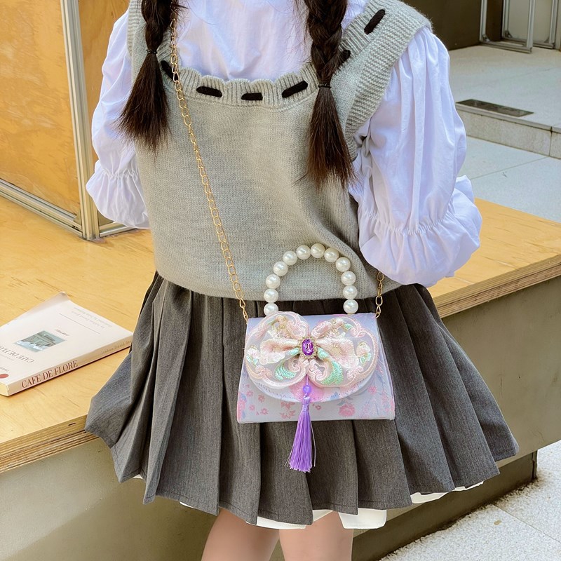 Bolso de princesa de niñas 2025, otoño nueva chica lindos bordillos de encaje mochila bolso de perlas de estilo chino Aisha
