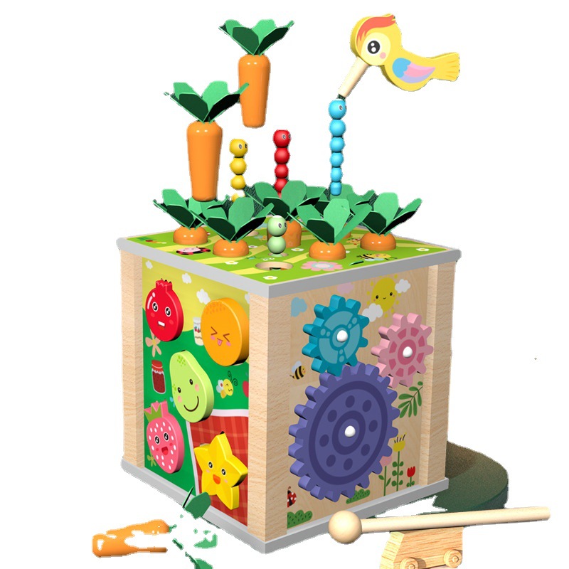 Caja de tesoro multifuncional nueve en uno de madera para niños de CPC CE transfronterizo que toca el piano y tira de bloques de construcción a juego de frutas de rábano