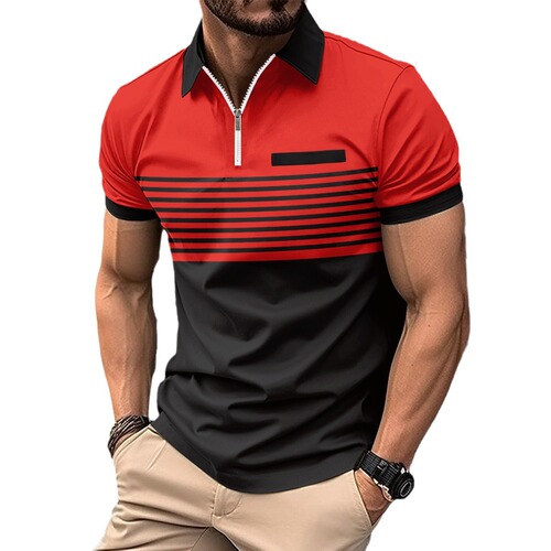 Summer New Men's 3D Printed Striped Zipper Polo Shirt Casual Trendy Polyester Short Sleeve Plus Size T-Shirt