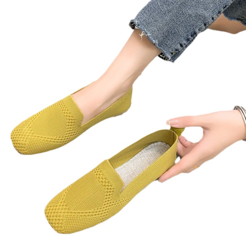 Estación independiente 2024 primavera nuevo estilo comercio exterior europeo y americano de gran tamaño cabeza cuadrada fondo plano tejido volador zapatos individuales zapatos casuales de una sola pierna para mujer