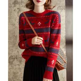 2026年秋冬新款圣诞风麋鹿提花针织衫上衣慵懒风百搭红色毛衣女