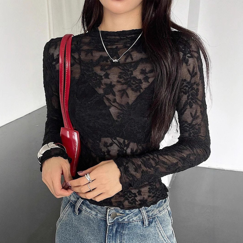 European and American Cross-Border Ins Amazon 2026 New Women's Small Stand-Up Collar Transparent Lace Tight-Fitting Long-Sleeve T-Shirt Top for Women