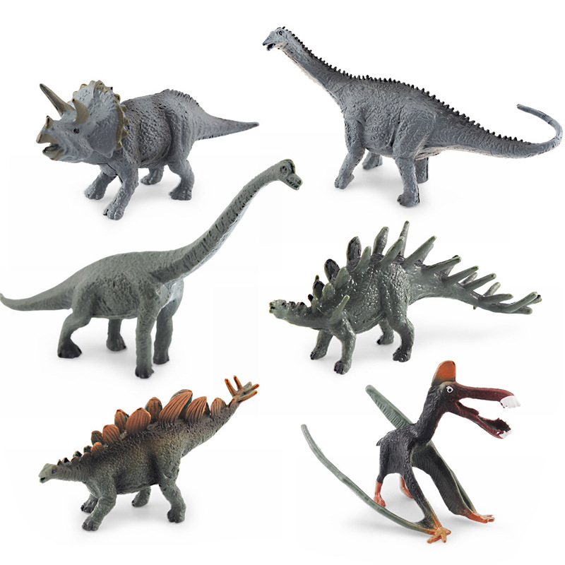 Modelos realistas de mini dinosaurios jurásicos transfronterizos: figuras de pterodáctilo, estegosaurio, parasaurolophus, velociraptor, therizinosaurus, ornithoraptor.