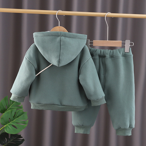 Winter new style cartoon hooded thickened two-piece set for boys and girls, baby plus velvet 0-4 years old set, manufacturer wholesale 2