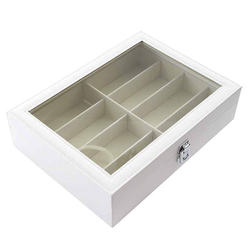 Nuevo producto blanco elegante caja de gafas de cuero de 8 dígitos con cubierta de vidrio caja de visualización de gafas de implantación de plástico para almacenar