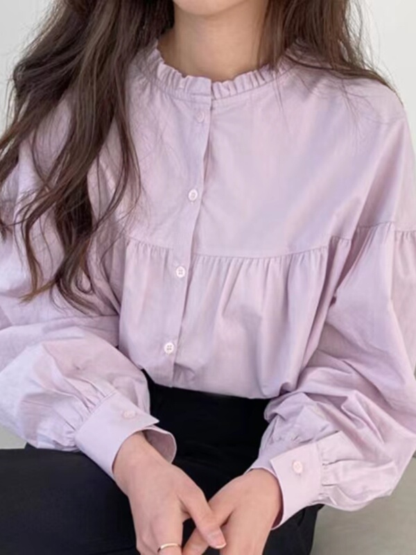 韩系chic紫色长袖衬衫女春秋新款设计感小众前后两穿立领宽松上衣|undefined