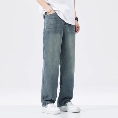 Summer Thin Ice Silk Denim Pants for Men, Loose-Fit Straight-Leg, Trendy Brand, Ice-Oxygen Cool-Feel Tencel Casual Wide-Leg Long Pants