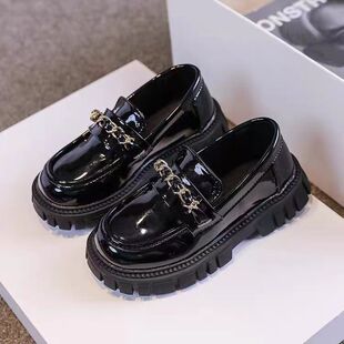 Girls British style leather shoes spring and autumn 2023 new black foreign style little girl's happy shoes soft bottom children's bean shoes