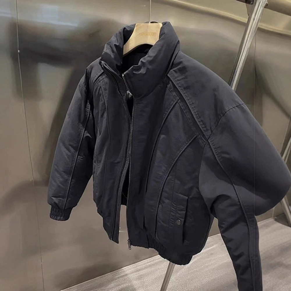 American Stand-Up Collar Silhouette Short Cotton Jacket Men's Winter Design Splicing Flight Jacket Bomber Work Jacket