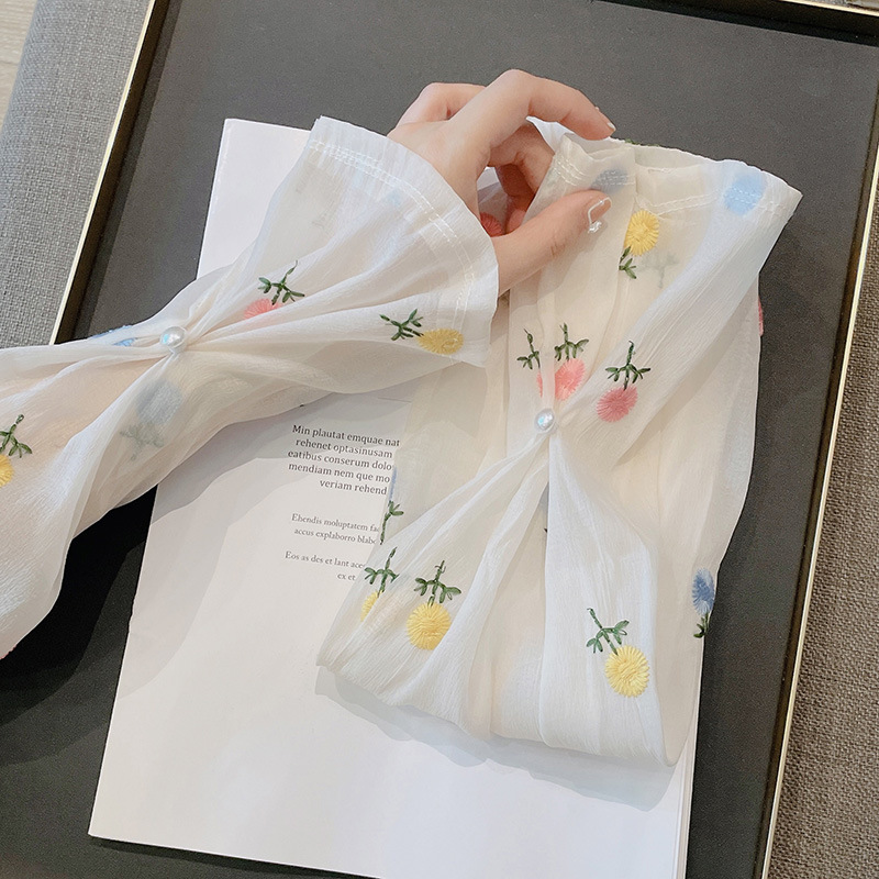 刺繡向日葵泡泡袖夏季防曬袖套女珍珠扣手袖騎行戶外開車遮陽護袖