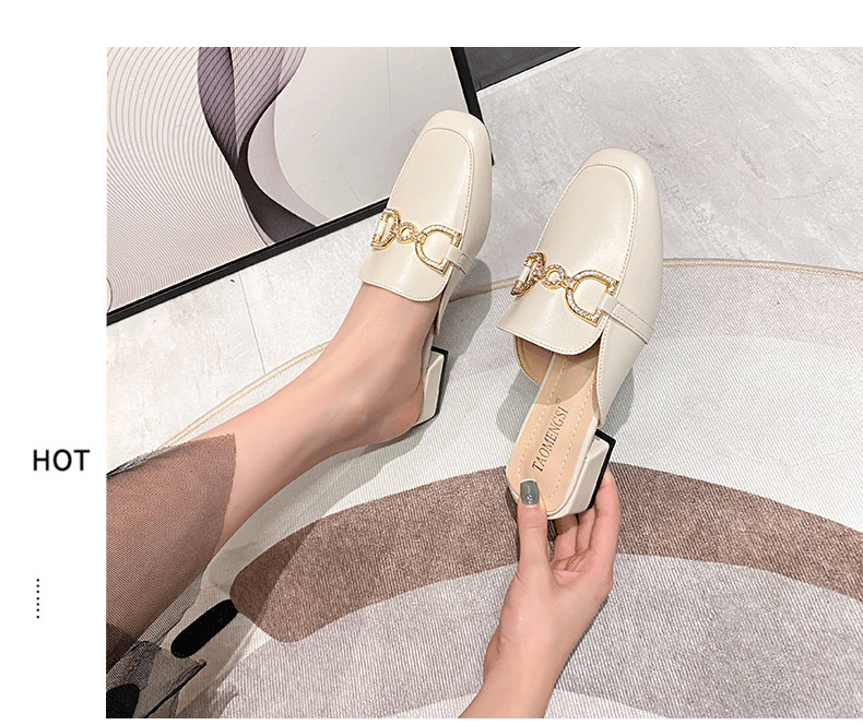 Dép sandal nữ bít mũi gót thô đính đá kim loại mũi ngang, kiểu lười nửa dép mùa hè — Màu mơ, Màu đen chi tiết 20