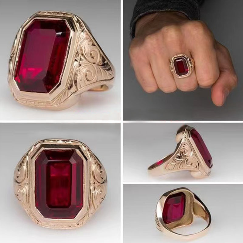 European and American cross-border jewelry fashion geometric square red gemstone ring men's business commuter all-Match ring