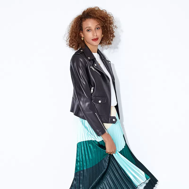 海宁春季新款真皮皮衣女外套女短款修身绵羊皮机车皮夹克外套