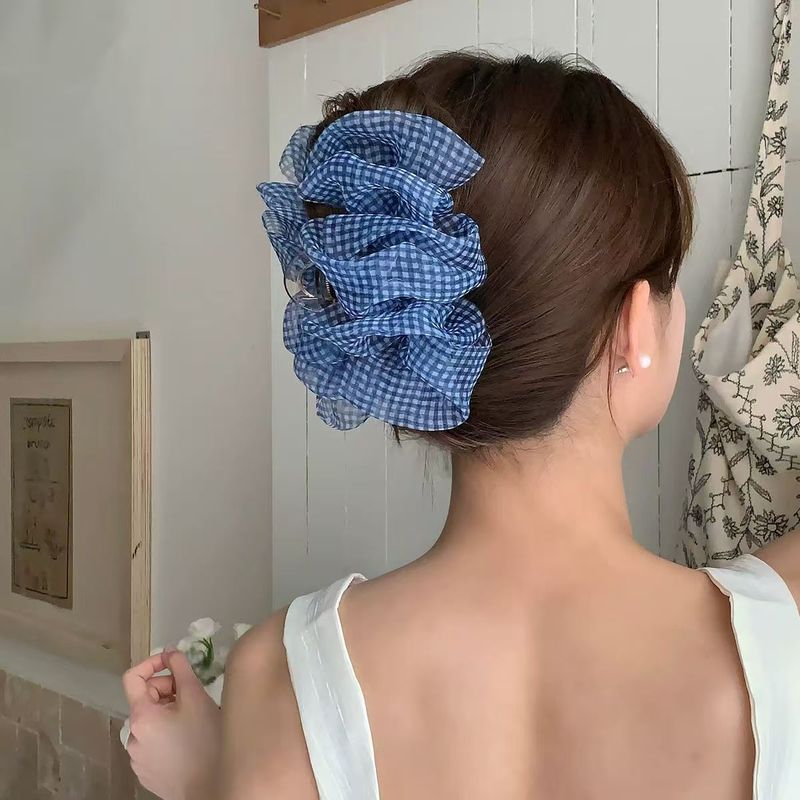髪のボリュームを増やすブルーチェック柄バブルガーゼヘアクリップ、大きめシャーククリップ、メッシュクラウドプリーツヘアクリップ、女性用大腸リング|undefined