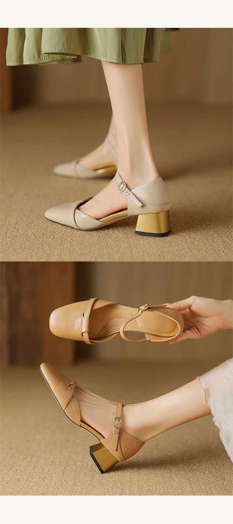 Sandal nữ bít mũi da bò thật quai chữ V đế thấp — Màu caramel chi tiết 10