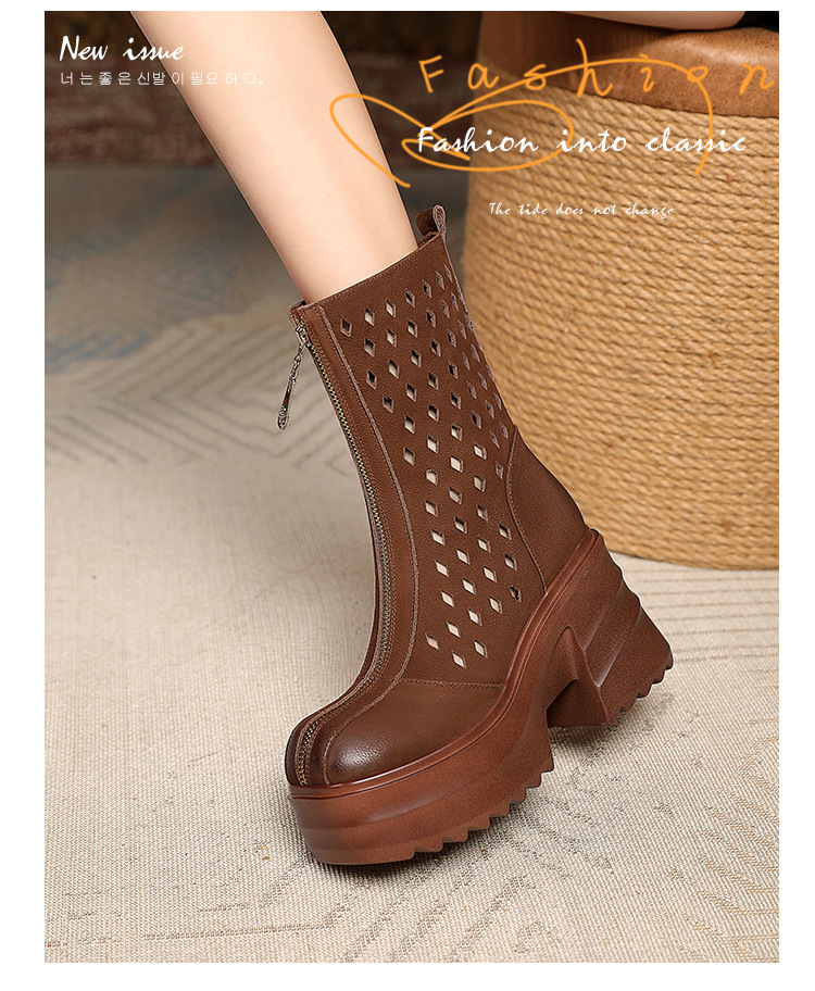 Boot nữ cổ điển khóa kéo phía trước gót dày 10 cm — Màu nâu chi tiết 4