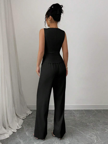 Women's European and American Fashion Elegant Sleeveless Suit Vest and Pants Set Black Daily Summer Two-Piece Set