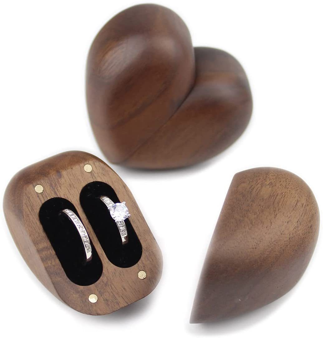 婚礼交换对戒指盒钻石宝石爱心实木戒指盒黑胡桃首饰盒心形木盒