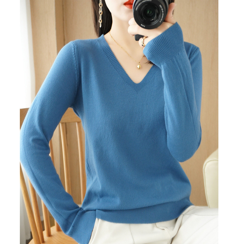 Thin V-Neck Loose Knitted Shirt Long-Sleeved T-Shirt Inner Short Top Base Shirt Pullover Women's Spring New Arrival