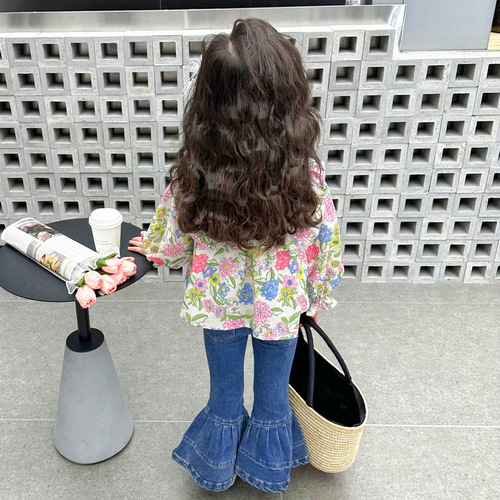 Ladies' Spring and Autumn Season Floral Set 2024 New Trendy Baby Girl Long Sleeve Shirt and Denim Jeans Two-Piece Set Fashion