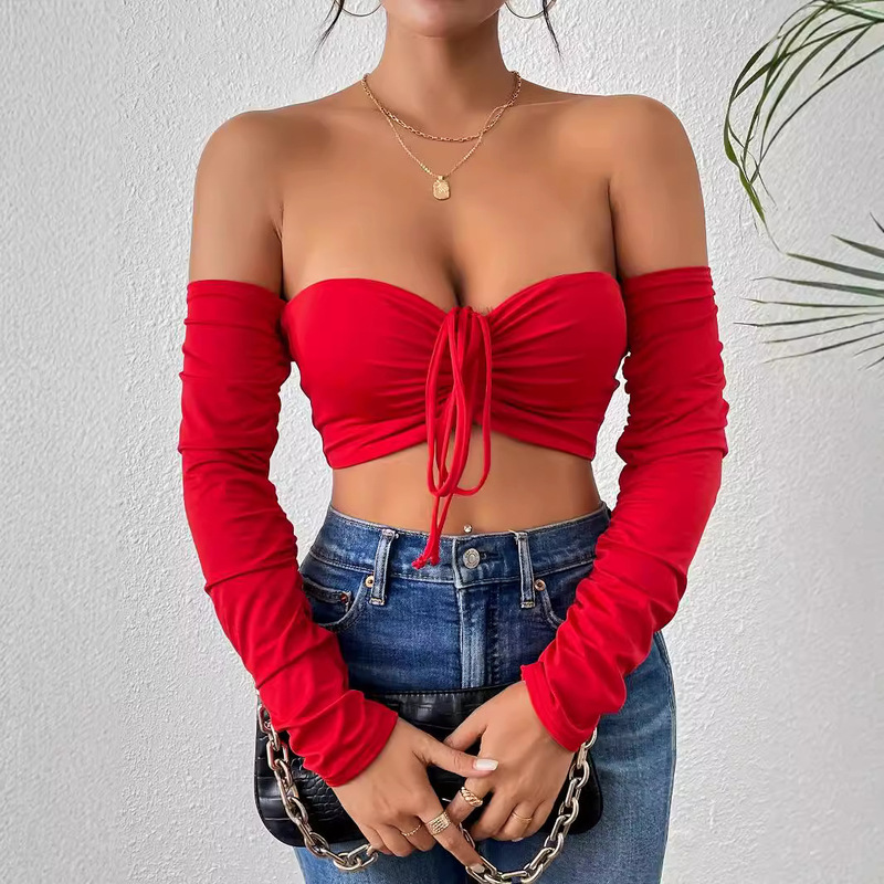 Amazon Cross-Border Best-Selling European and American Sexy Nightclub-Style Bust-Enhancing Waist-Cinching Drawstring Long-Sleeve Tank Top That Can Be Worn Outside for Hot Girls