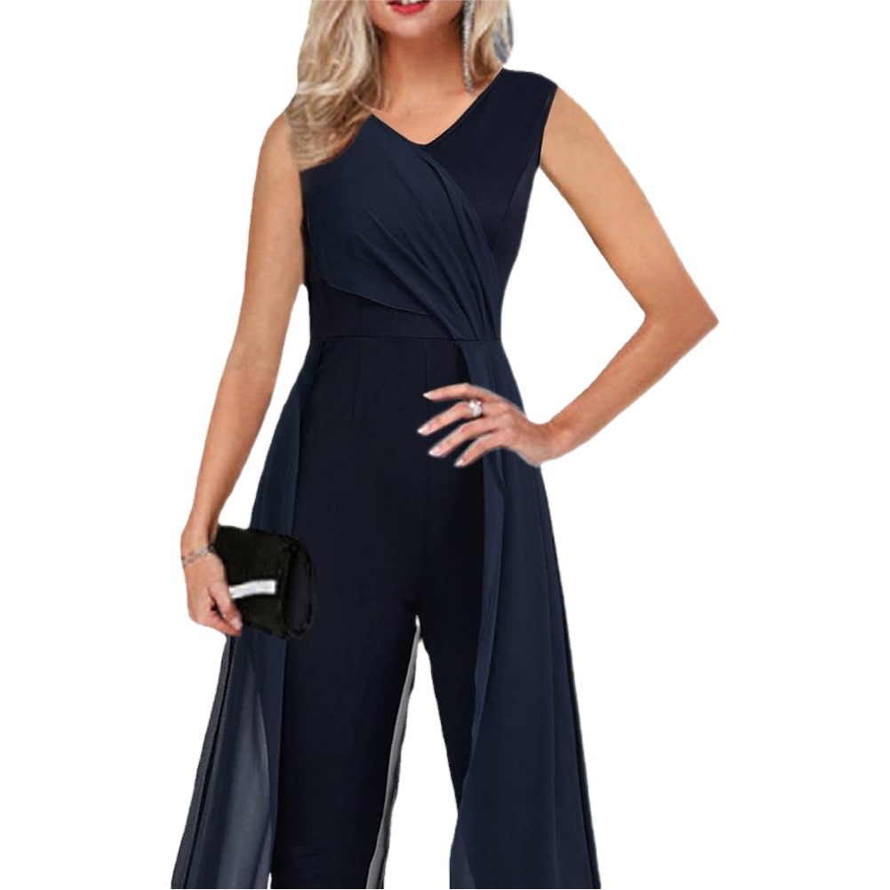 Transfronterizo 2023 Verano nueva eBay Amazon estación independiente de color sólido europeo y americano con cuello en V sin mangas mono casual para las mujeres image 1