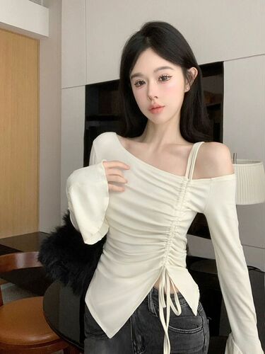 Pure Desire Style Fashion Off-the-Shoulder Drawstring Long-Sleeve T-Shirt Glittering Women Asymmetrical Fitted Slimming Long-Sleeve Base Top