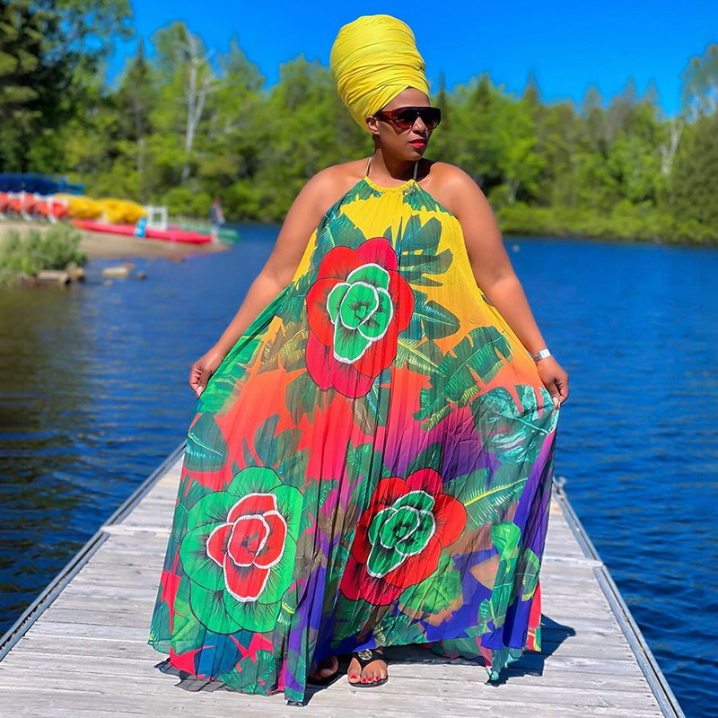 Women's Clothing ins women's clothing Summer fashion pleated straps printed backless large size large swing skirt_voghion.com