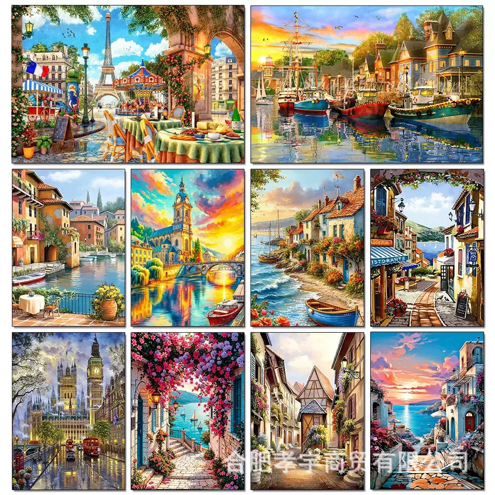厂家直发2026款钻石画满钻欧式小镇建筑钻石绣diy圆钻十字绣手工