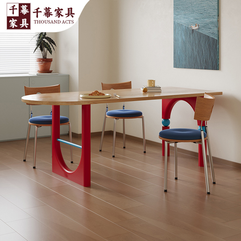 Qianmu Bauhaus Solid Wood Dining Table for Home Small Apartment Memphis Color Matching Dining Table Log Mid-Century Style Island Table