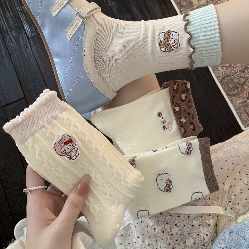 Women's Socks with Striped Cuffs, Cartoon Embroidered Cat, Twisted Edge, Trendy Ins Style, Slouch Socks for Outerwear