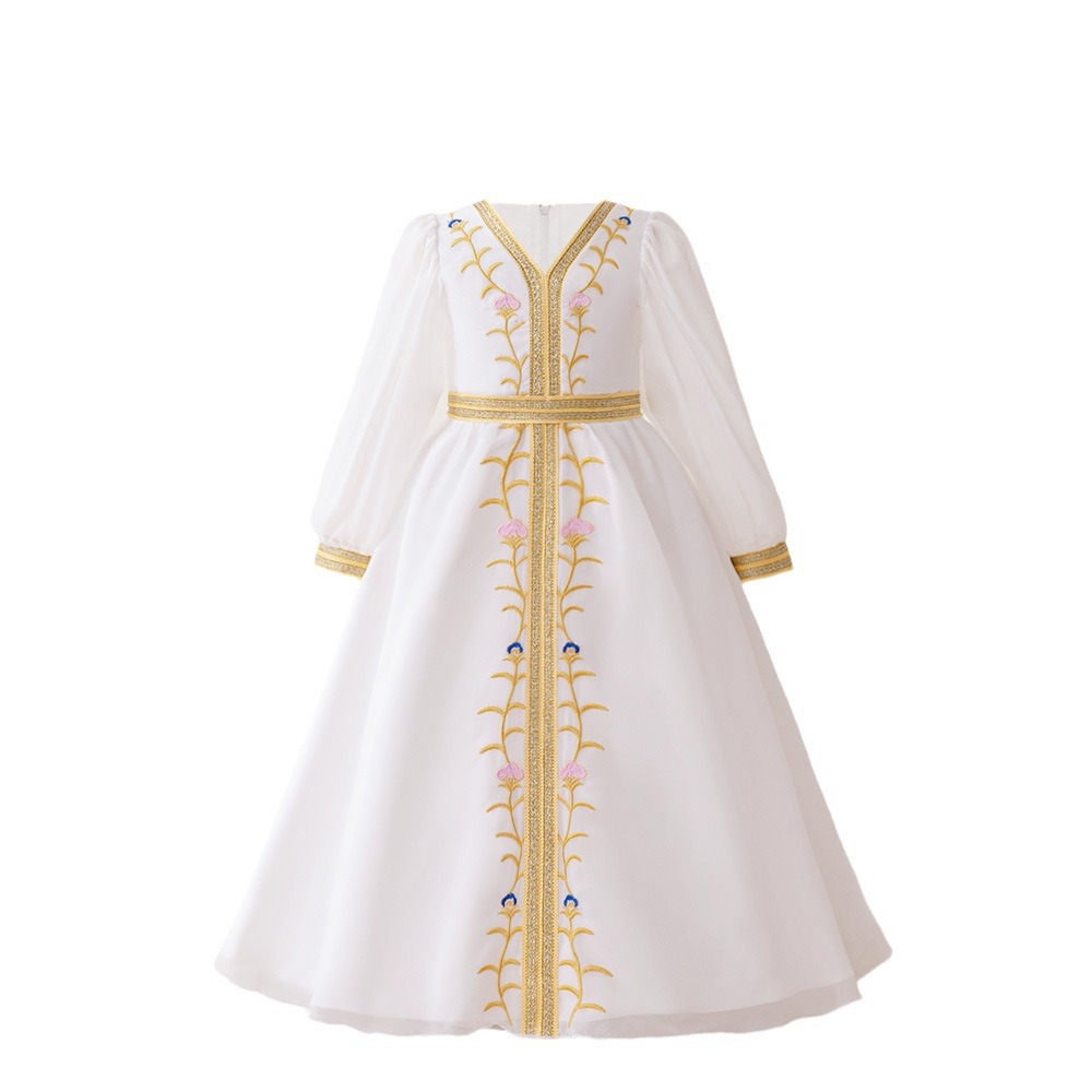 Amazon nuevo vestido infantil transfronterizo vestido vestido vestido de niñas elegantes flores de chiffon bordadas mangas largas vestido de princesa